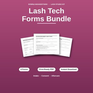 May include: A digital bundle of Lash Tech Forms featuring three white document pages with black text on a dark magenta background. The text includes Lash Tech Forms Bundle, 6 Forms, Print-Ready PDF, Instant Download, Intake, Consent, Aftercare.