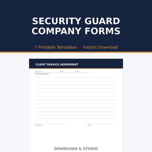 May include: A set of seven printable security guard company forms featuring a client service agreement template. The document includes fields for business name, date, reference number, terms and details, and signature lines on a white background.