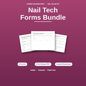 Peut inclure: Un ensemble de formulaires pour prothésiste ongulaire sur fond magenta foncé. Le texte indique DOWNLOADANDSTUDIO - NAIL SALON KIT, Nail Tech Forms Bundle, 6 Forms, Print-Ready PDF, Instant Download, Intake - Consent - Patch test. Trois formulaires blancs.