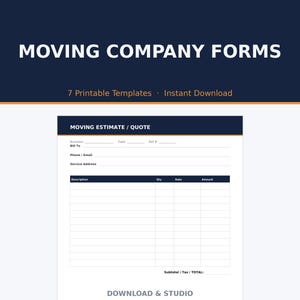 Op de afbeelding: Een set van zeven printbare verhuisformulieren met een donkerblauwe koptekst met de tekst MOVING COMPANY FORMS. Het document bevat een wit sjabloon voor een verhuisofferte met velden voor bedrijfsgegevens, datum en servicegegevens.