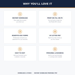 May include: An informational graphic titled WHY YOU'LL LOVE IT, featuring six numbered points: 1. INSTANT DOWNLOAD, 2. PRINT OR FILL ON PC, 3. READY-TO-USE FORMS, 4. US LETTER PDF, 5. EASY TO EDIT, 6. PERSONAL & BUSINESS, ending with DOWNLOAD & STUDIO.