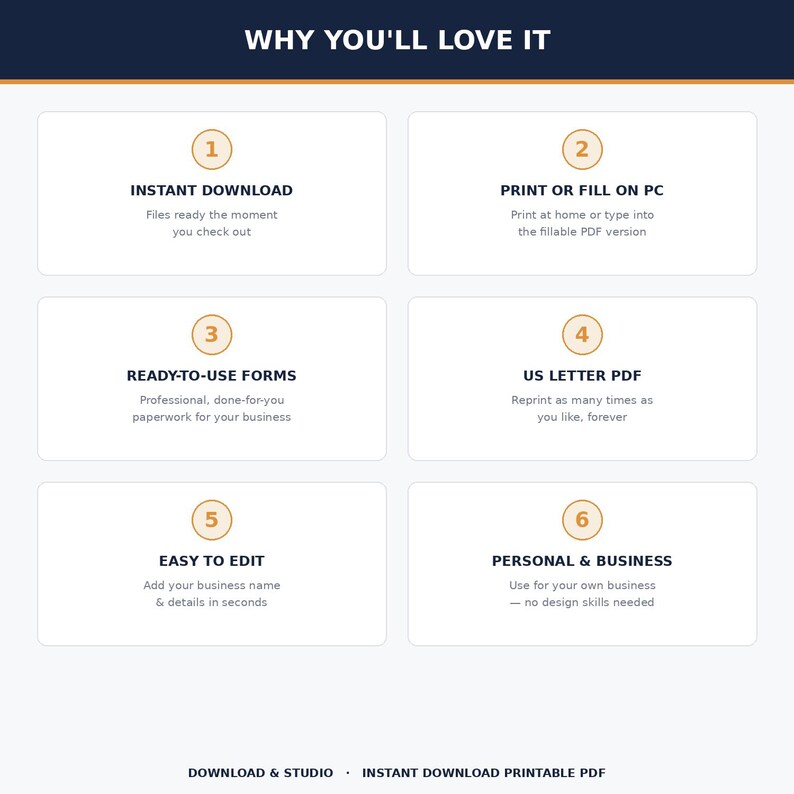 May include: An informational graphic titled WHY YOU'LL LOVE IT, featuring six numbered points: 1. INSTANT DOWNLOAD, 2. PRINT OR FILL ON PC, 3. READY-TO-USE FORMS, 4. US LETTER PDF, 5. EASY TO EDIT, 6. PERSONAL & BUSINESS, ending with DOWNLOAD & STUDIO.