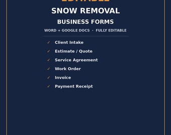 Szablon formularza biznesowego dla firm zajmujących się odśnieżaniem, edytowalny Word i Dokumenty Google, faktura, wycena umowy, przyjęcie klienta, pakiet odśnieżania