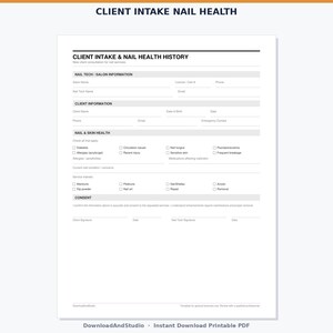 May include: A white printable client intake and nail health history form with black text. Sections include salon information, client details, nail and skin health checkboxes for medical conditions, service interests, and a signature consent area.