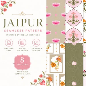 Jaipur Floral Seamless Pattern Bundle — 8 Designs Digital Download Commercial License Block Print Lotus Fabric Print Packaging Boho