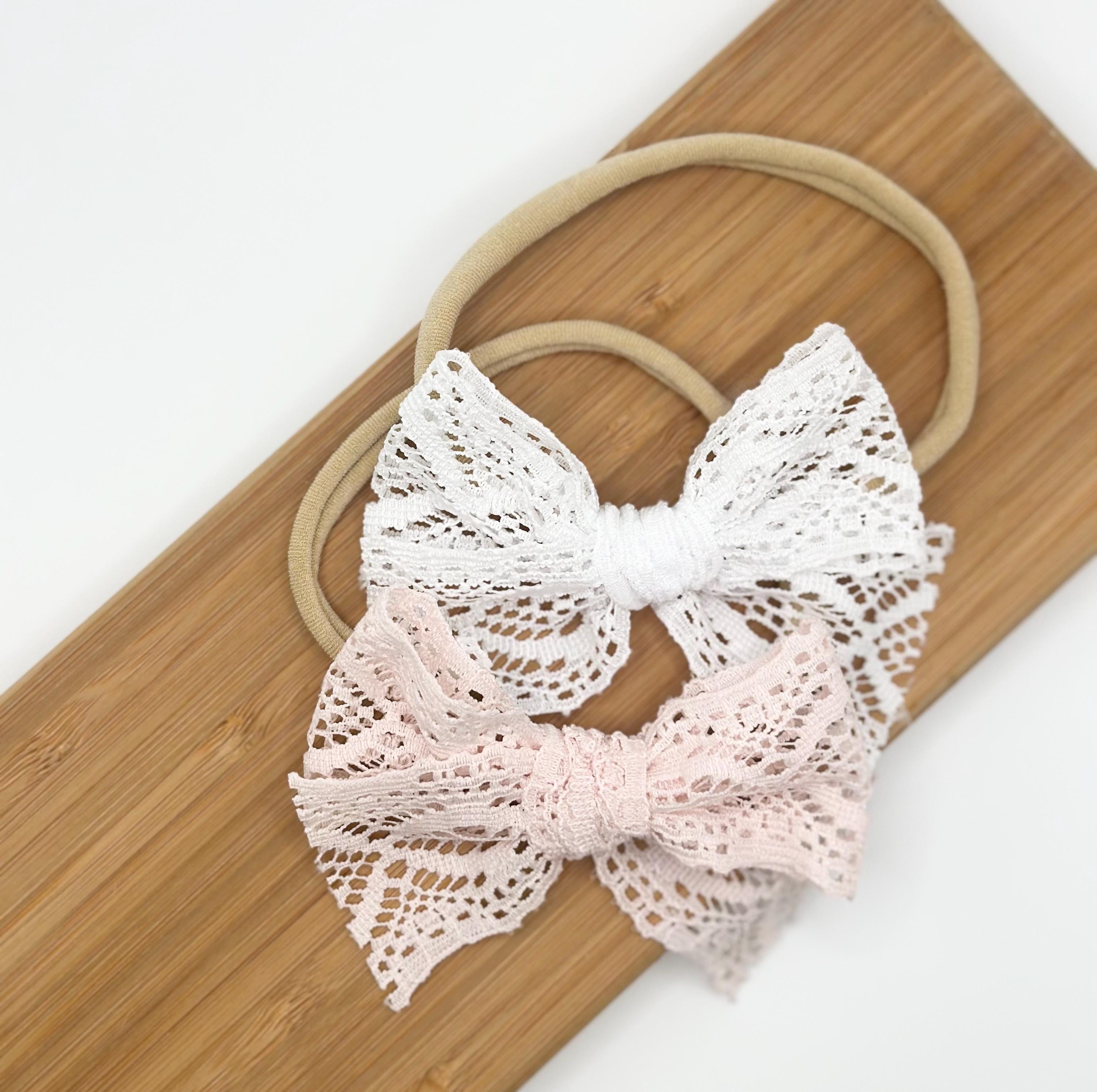 Crocheted Lace Baby Bow Headband Set, Pink Crochet Bow, White Crochet Bow, Shabby Chic Headband, Boho Headband,