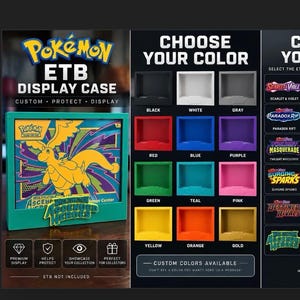 May include: A Pokemon ETB display case with a green frame containing a yellow dragon-like creature graphic. The image includes a color selection chart with twelve options and a logo selection grid featuring various Pokemon set titles and logos.