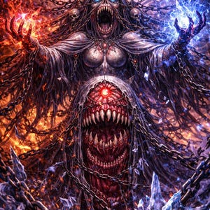 May include: Digital art depicting a demonic figure with a screaming face, glowing blue eyes, and a red third eye. The figure is surrounded by chains, skulls, and fiery and icy elements, creating a dramatic and intense fantasy scene.