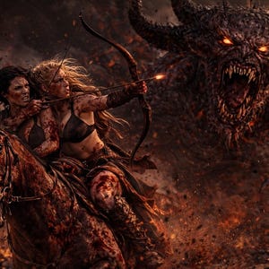 May include: An action-packed fantasy scene depicts two women riding a brown horse, one aiming a bow and arrow. They are facing a monstrous creature with glowing eyes and horns. The scene is filled with fire and a sense of conflict.