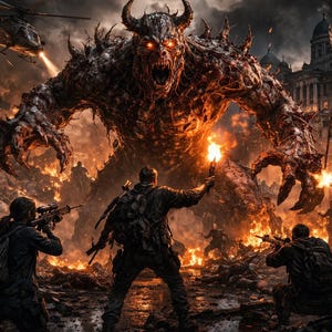 Arte mural de ataque demoníaco, póster de batalla apocalíptica, escena de guerra de monstruos gigantes, lámina de fantasía oscura, militares contra demonios, arte de acción cinematográfica