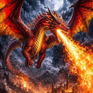 Könnte beinhalten: Digitale Illustration eines roten und orangen Drachen, der Feuer speit. Der Drache ist im Flug, mit einem Vollmond im Hintergrund. Unter dem Drachen brennt ein Schloss.