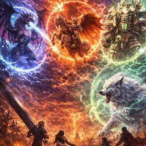 Peut inclure: Illustration fantastique avec un dragon, un chevalier à cheval, une figure géante en armure et un loup, chacun entouré d'énergie lumineuse. En bas, un groupe de personnages fait face aux créatures, avec une grande épée au premier plan. La scène se déroule sur un ciel enflammé.