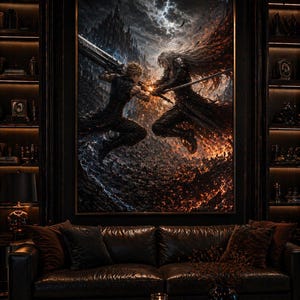 May include: A framed artwork depicts two figures in a dynamic battle scene, set against a stormy sky and fiery landscape. The figures, clad in dark attire, clash with swords, creating a dramatic and intense visual. The artwork is displayed above a dark brown leather sofa.