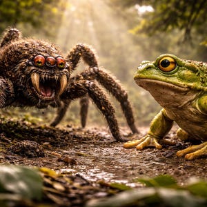 May include: A detailed image of a large, hairy spider with multiple eyes and fangs, facing a green frog in a forest setting. The spider is brown and the frog is green with yellow eyes. The background is blurred with sunlight.