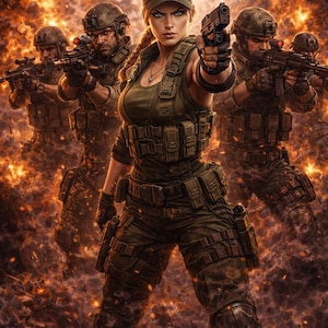 Puede incluir: Imagen dinámica de un grupo de soldados con equipo de combate, incluyendo una mujer en primer plano sosteniendo una pistola. La escena está rodeada de fuego y humo, con helicópteros al fondo. La mujer lleva una gorra con la bandera americana.