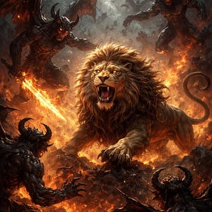 May include: Digital art depicting a fierce lion with a golden mane, roaring amidst flames, surrounded by demonic figures with horns and wings. The scene is set in a fiery, hellish landscape with a dark, ominous sky.