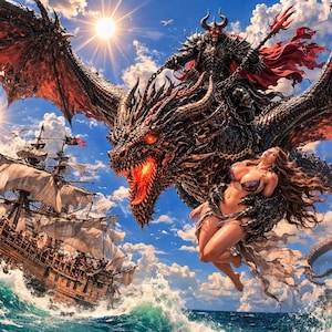 Epischer Drachenreiter über Piratenschiff, Feuerdrachen-Seeschlacht, dunkle Fantasy-Ozeanszene, Angriff auf Fabelwesen, filmische 4K-Fantasy-Wand-Ar