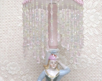 Victorian Lamp, Beaded Lamp, Cameo Shade, Lamp