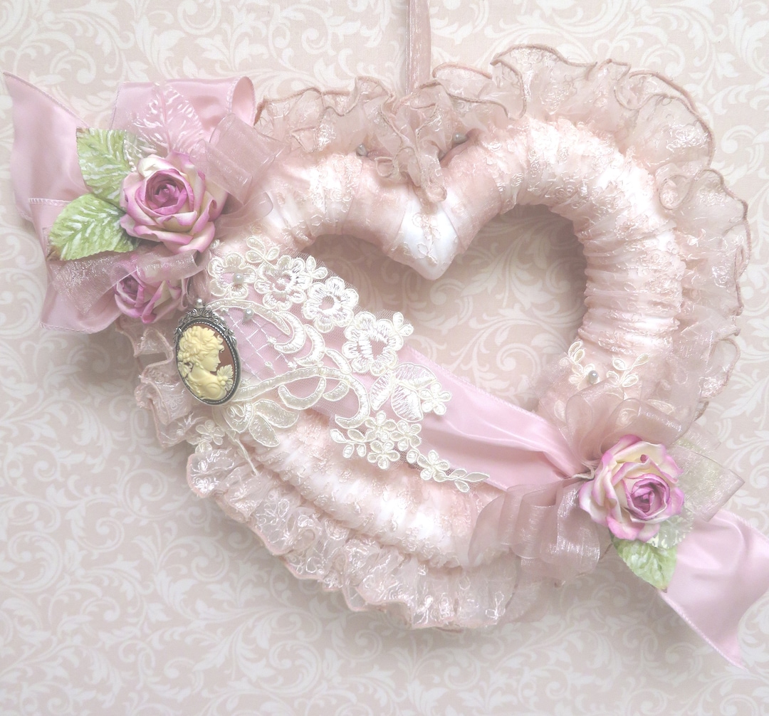 Pink Lace Heart, Heart Wreath, Pink Rose Wreath, Pink Heart Wreath