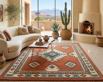 Southwestern Area Rug, Tribal Geometric Rug, Rustic Desert Decor Carpet, Navajo Inspired Living Room Rug, Boho Western Home Decor: