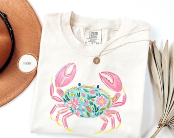 Comfort Colors Everyday Summer Floral Crab Shirt, Preppy Beach Tshirt, Coastal Tee