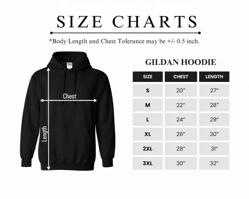 a black hoodie with measurements and size charts for different body lengths and chest sizes.