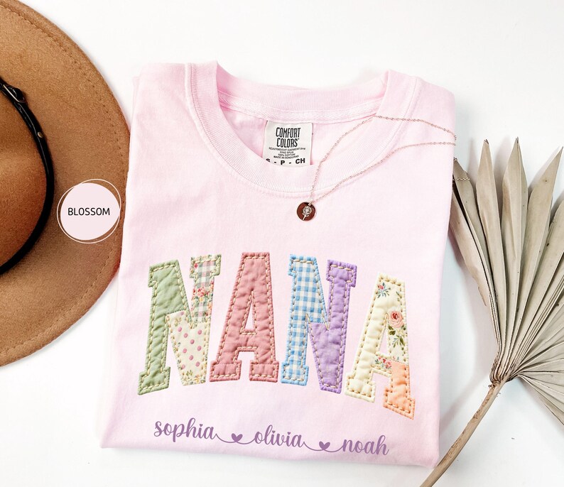 Personalized Nana Faux Patchwork Shirt Comfort Colors® Grandma Shirt With Grandkids Custom Mimi Tee image 4