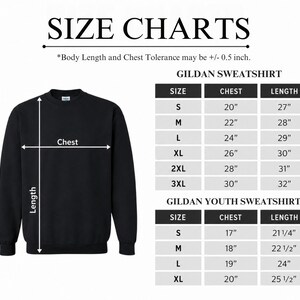 The image is a size chart for a GILDA sweatshirt, which includes measurements for chest, length, and size.