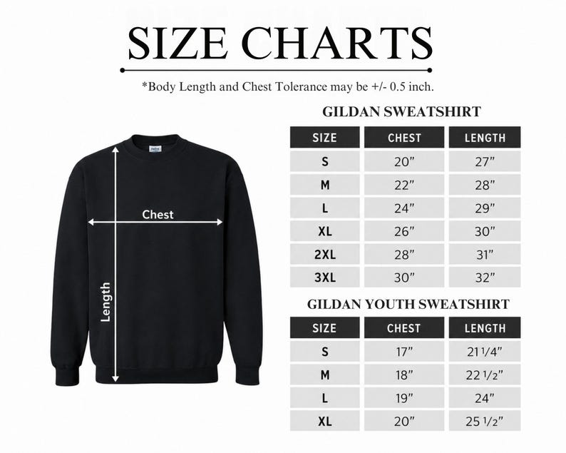The image is a size chart for a GILDA sweatshirt, which includes measurements for chest, length, and size.