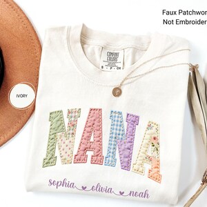 Personalized Nana Faux Patchwork Shirt Comfort Colors® Grandma Shirt With Grandkids Custom Mimi Tee image 1