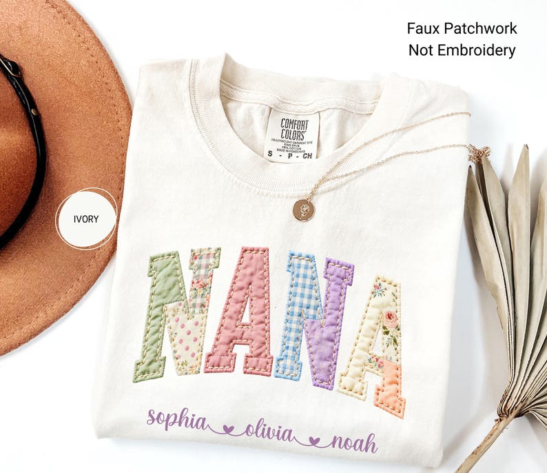 Personalized Nana Faux Patchwork Shirt Comfort Colors® Grandma Shirt With Grandkids Custom Mimi Tee image 1