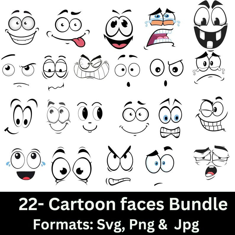 Cartoon Emotion Faces SVG Bundle, Kawaii Face SVG, Cute Funny Face SVG ...