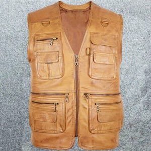 Chaleco de cuero para hombre hecho a mano de alta calidad para caza, pesca, ocio, motociclista. Chaleco de cuero.