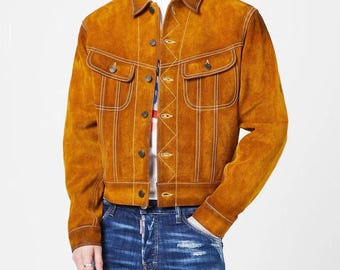 Chaqueta de cuero motero informal de gamuza marrón para hombre, hecha a mano, estilo vaquero occidental, chaqueta de camionero, abrigo de gamuza auténtica de estilo vintage, regalo para él.