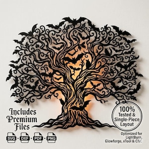 Spooky Tree Halloween SVG | Laser Cut File, Bats Silhouette