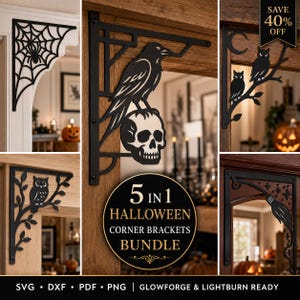 May include: A 5-in-1 Halloween corner bracket bundle featuring black metal-style designs including a spider web, a raven on a skull, owls on branches, and a witch's broom. The text reads 5 IN 1 HALLOWEEN CORNER BRACKETS BUNDLE and SAVE 40% OFF.