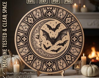 Gotycka katedra witraż SVG Księżyc Mandala wycinany laserowo | Grawerunek w drewnie z latającymi nietoperzami na Halloween | Wektor przetestowany przez Glowforge xTool
