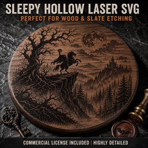 Puede incluir: Una placa de madera circular con un grabado láser de la escena de Sleepy Hollow, un jinete sin cabeza en un acantilado, una luna llena y un castillo. El texto dice SLEEPY HOLLOW LASER SVG, PERFECT FOR WOOD & SLATE ETCHING, COMMERCIAL LICENSE.