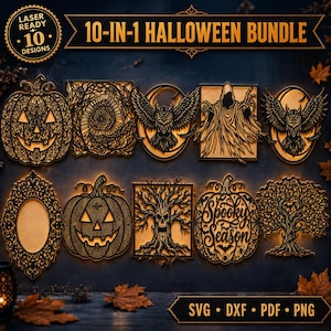 Halloween Laser Cut Bundle SVG, 10in1 Mega Silhouette Pack, Glowforge Files, Jack O Lantern Mandala, Owl Grim Reaper Spooky Tree DXF