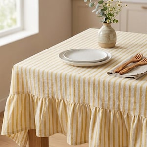Yellow Striped Tablecloth Skirt, Hand Block Printed Cotton Table Linen, Ruffle Edge Rectangular Table Cover, Sunny Farmhouse Kitchen Decor
