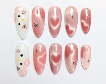 Rosa Kitty Drücken Sie auf die Nägel | Süße Katzenaugen Fingernägel in der Farbe Mandel | Kawaii handgefertigte Nägel für Frühling, Ostern, Geburtstag, Alltag