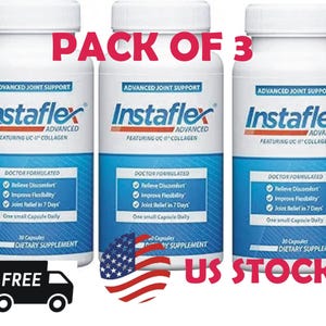May include: Three white bottles of Instaflex Advanced dietary supplement. Each bottle has a blue and white label with the product name, key benefits, and the text "Doctor Formulated". The bottles are labeled "Pack of 3".
