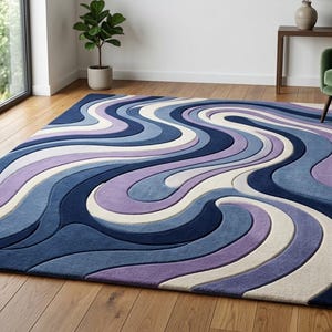 5x8 Blue & Purple Wave Pattern Rug – Modern Abstract rug for living room