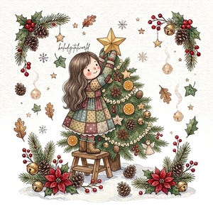 May include: A digital illustration of a child with long brown hair wearing a patchwork dress and boots, standing on a wooden stool to place a gold star on a Christmas tree. The scene includes pine branches, red berries, pinecones, and bells.