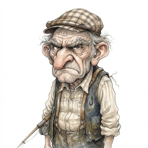 Op de afbeelding: Een karikatuurillustratie van een ouder persoon met een grote neus en gefronste wenkbrauwen, gekleed in een geruite pet, een licht overhemd, een donker vest met bretels, en een hengel vasthoudend met een zichtbare haak en molen.