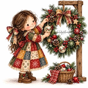 May include: A child with long brown hair wearing a patchwork dress and brown boots hangs a white ornament on a pine wreath. The wreath is decorated with red berries, pinecones, and gold stars, hanging from a wooden post near a basket of ornaments.