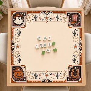 Western Cowboy Halloween Mahjong Mat, Spooky Ghost Pumpkin Game Table Runner (Drawstring Bag)