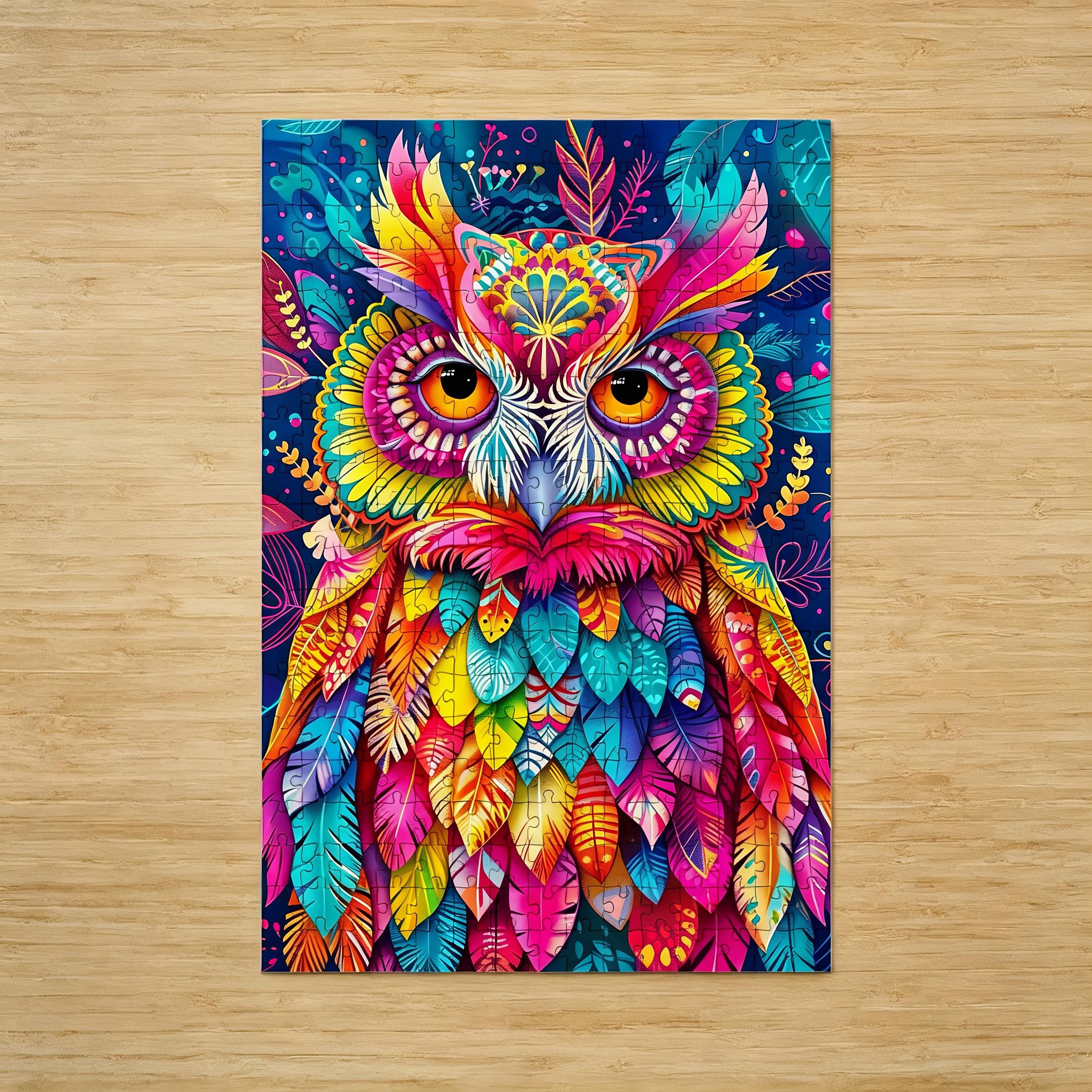Wooden Puzzle - Rainbow Mandala Owl Art - Whimsical Feather Jigsaw - Spiritual Bohemian Decor