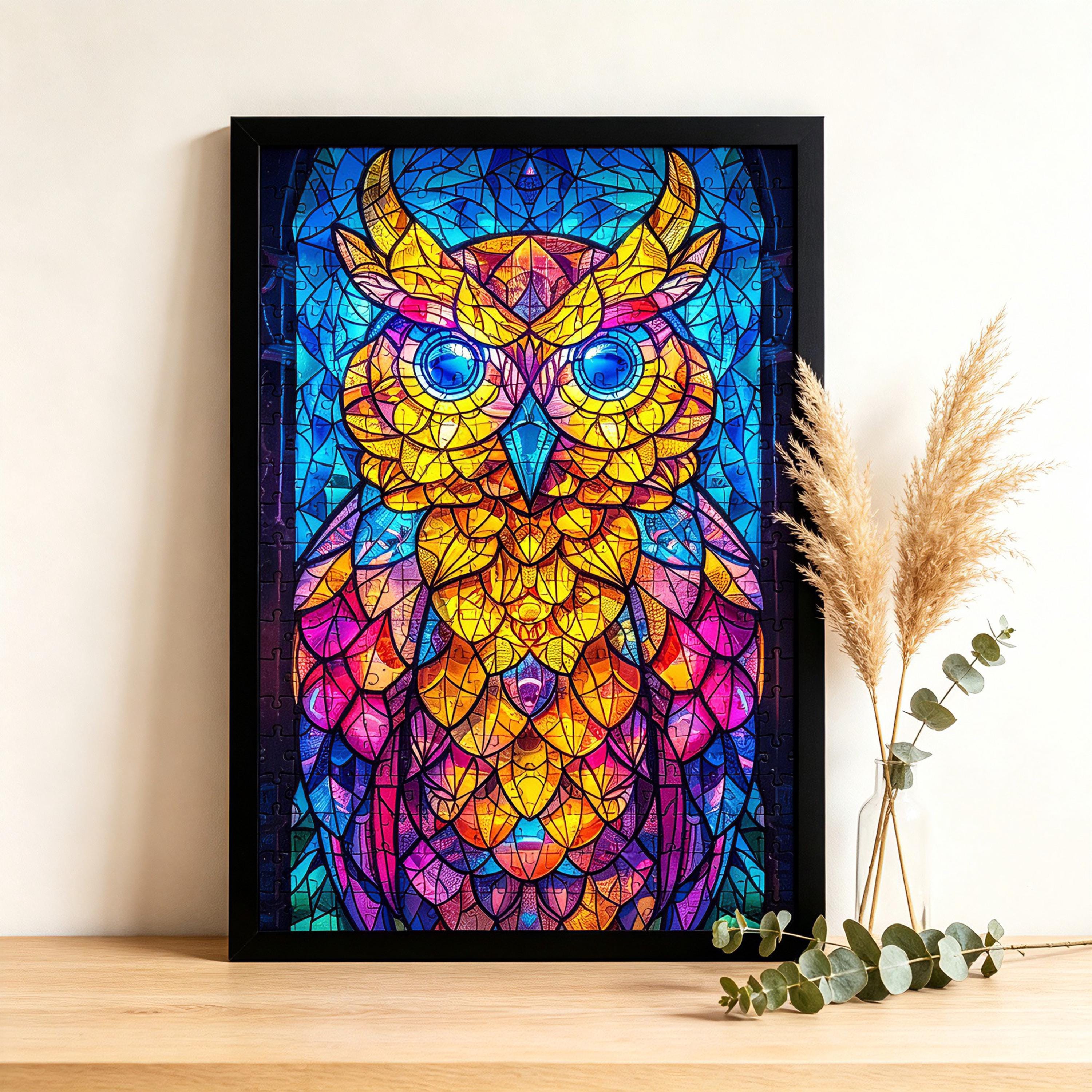 Wooden Puzzle - Stained Glass Owl Art - Mystical Night Bird Jigsaw - Handmade Decor Gift
