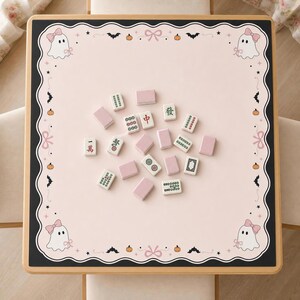 Pink Halloween Mahjong Mat with Ghosts, Bats, Pumpkins, Drawstring Bag